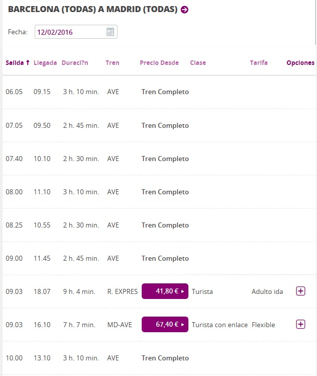 Расписание поездов Барселона - Мадрид на завтра