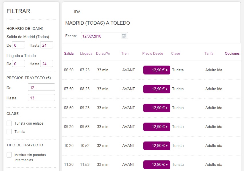 расписание поездов Мадрид - Толедо на сайте renfe.com